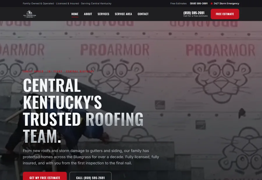 The Full Construction Roofing homepage: a dark hero with the headline 'Central Kentucky's trusted roofing team' and a call button.