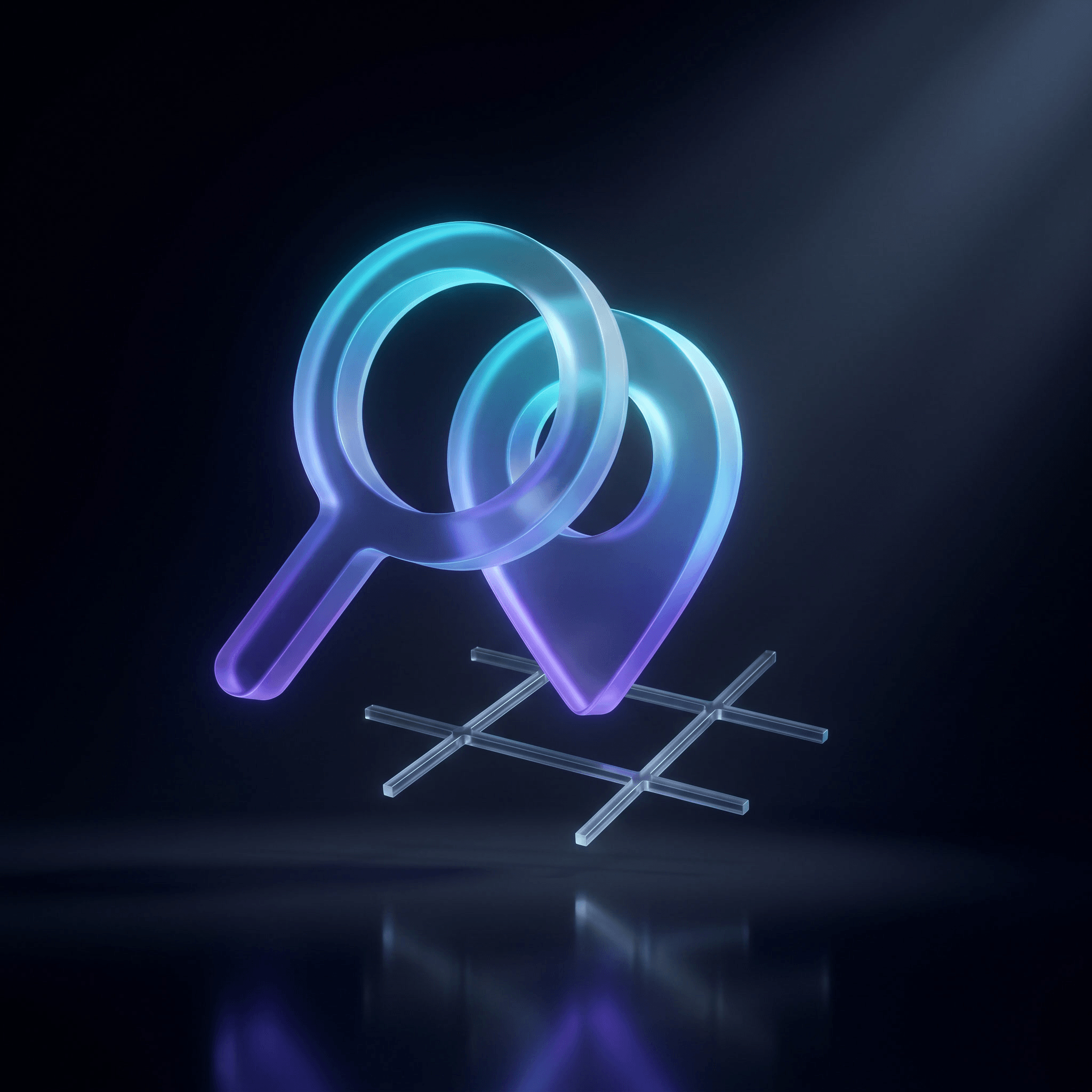 Translucent magnifying glass over a glowing location pin